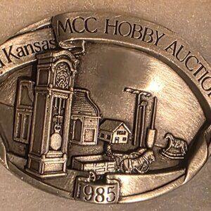 Vintage 1985 Metal Belt Buckle, Mid Kansas Hobby Auction, Sits on Stand in Back